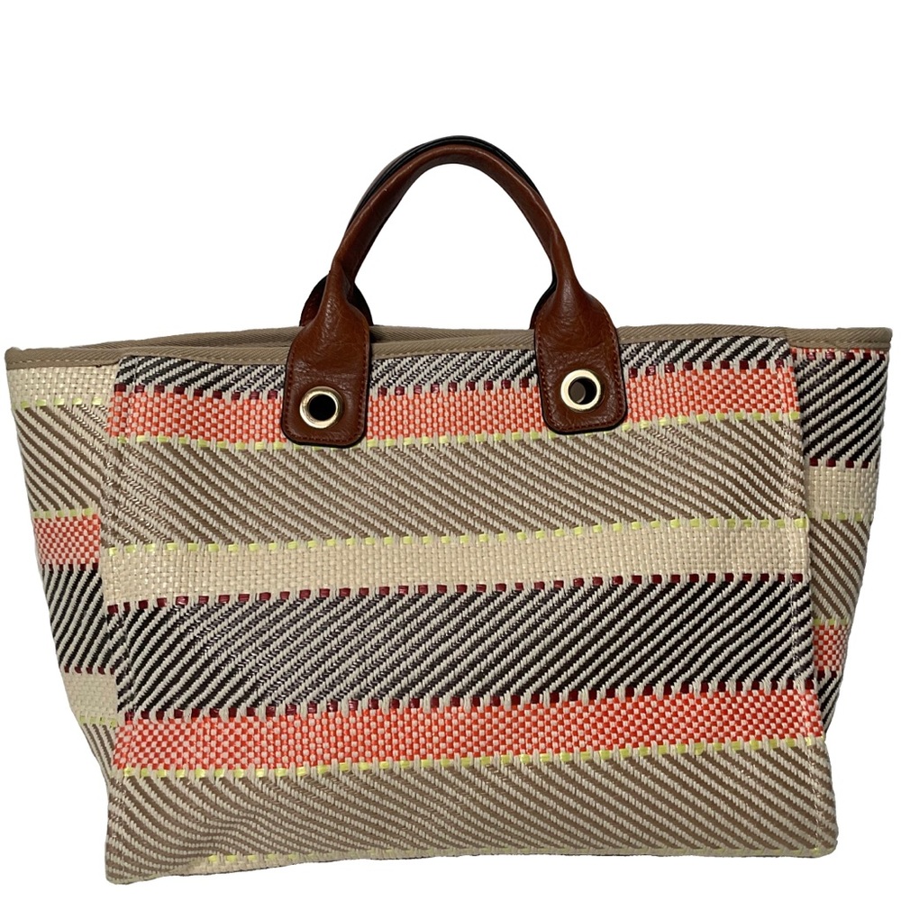Jen & Co Woven Patterned Cotton Peach Cream Grey Striped Tote Bag Lined Interior - Picture 1 of 15